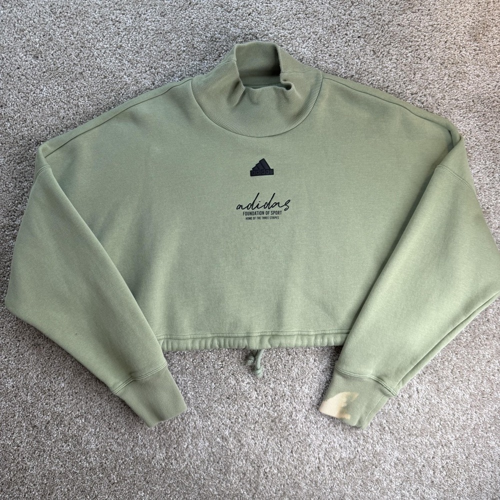 Adidas Sweatshirt Womens XS Green Fleece Mock Neck Cropped Drawstring Pullover